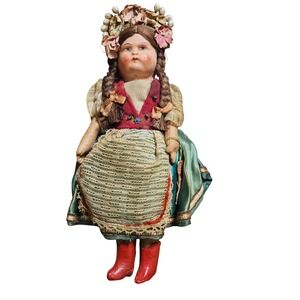 Antique VTG Hungarian Composition Folk Doll 10" Handpainted Lace Apron Peasant